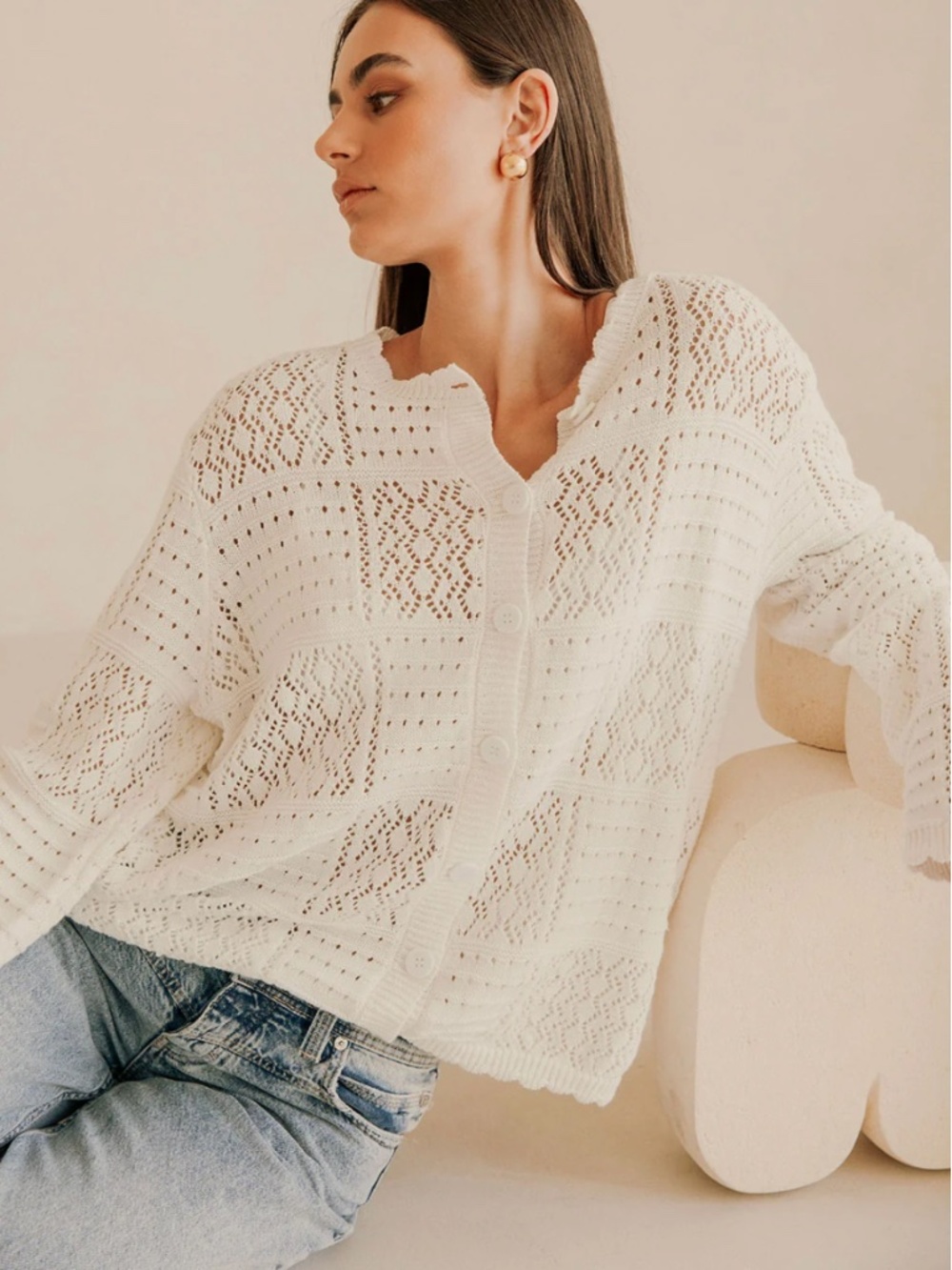 Sabo Skirt White Pointelle Knit Button Front Cardigan Size XXS